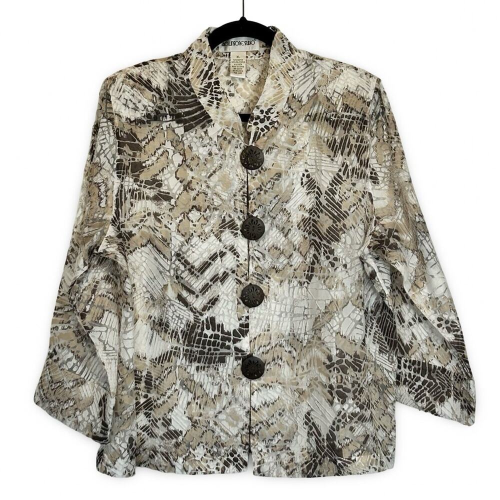 Brownstone Studio Linen Blend Jacket Women's‎ Size XL Boho Abstract Wood Earthy